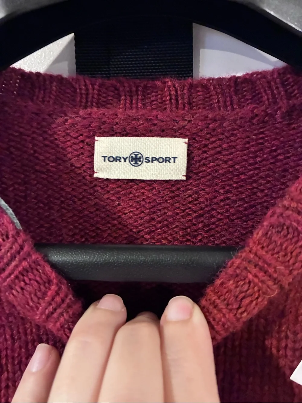 Tory Burch Women’s Wine Red Crewneck Sweater with White Dot Accents